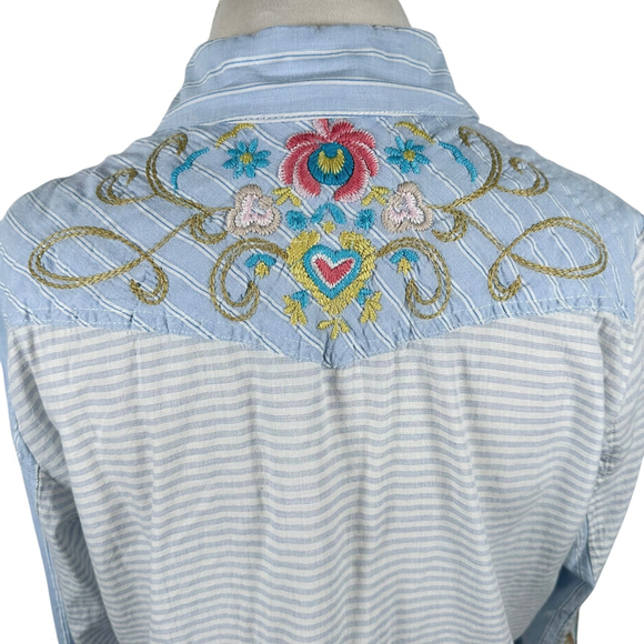 Johnny Was 3J Workshop Western Shirt pearl snap Striped Floral Embroidery Size M - Picture 8 of 11